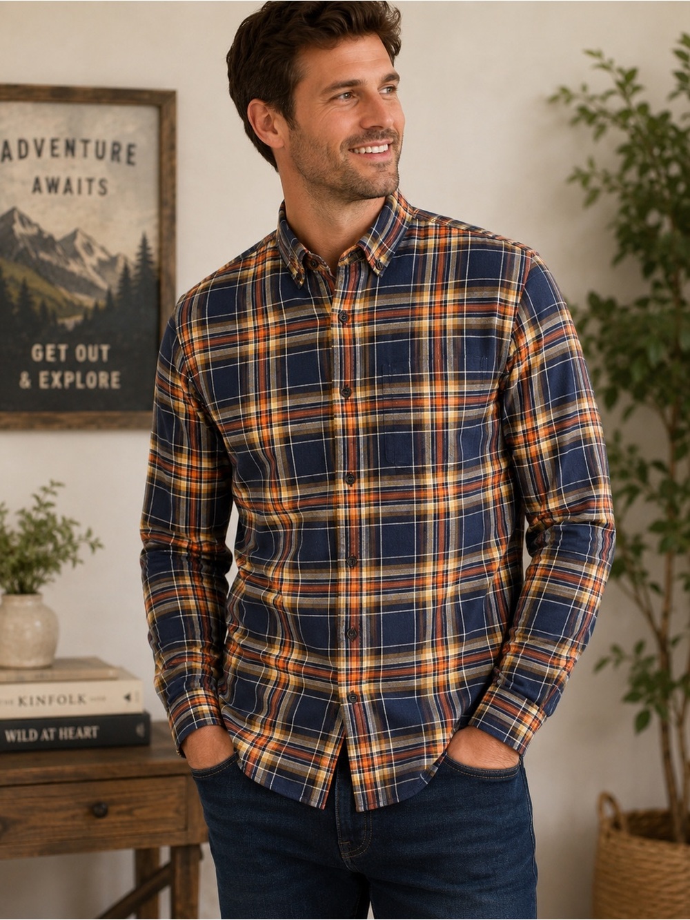 Banana Republic Luxe Flannel Shirt Men’s M Slim Plaid Blue Orange Button Front